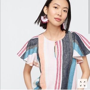 J. Crew Multicolor Striped Flutter-Sleeve Blouse  Size 2 Linen Machine Wash